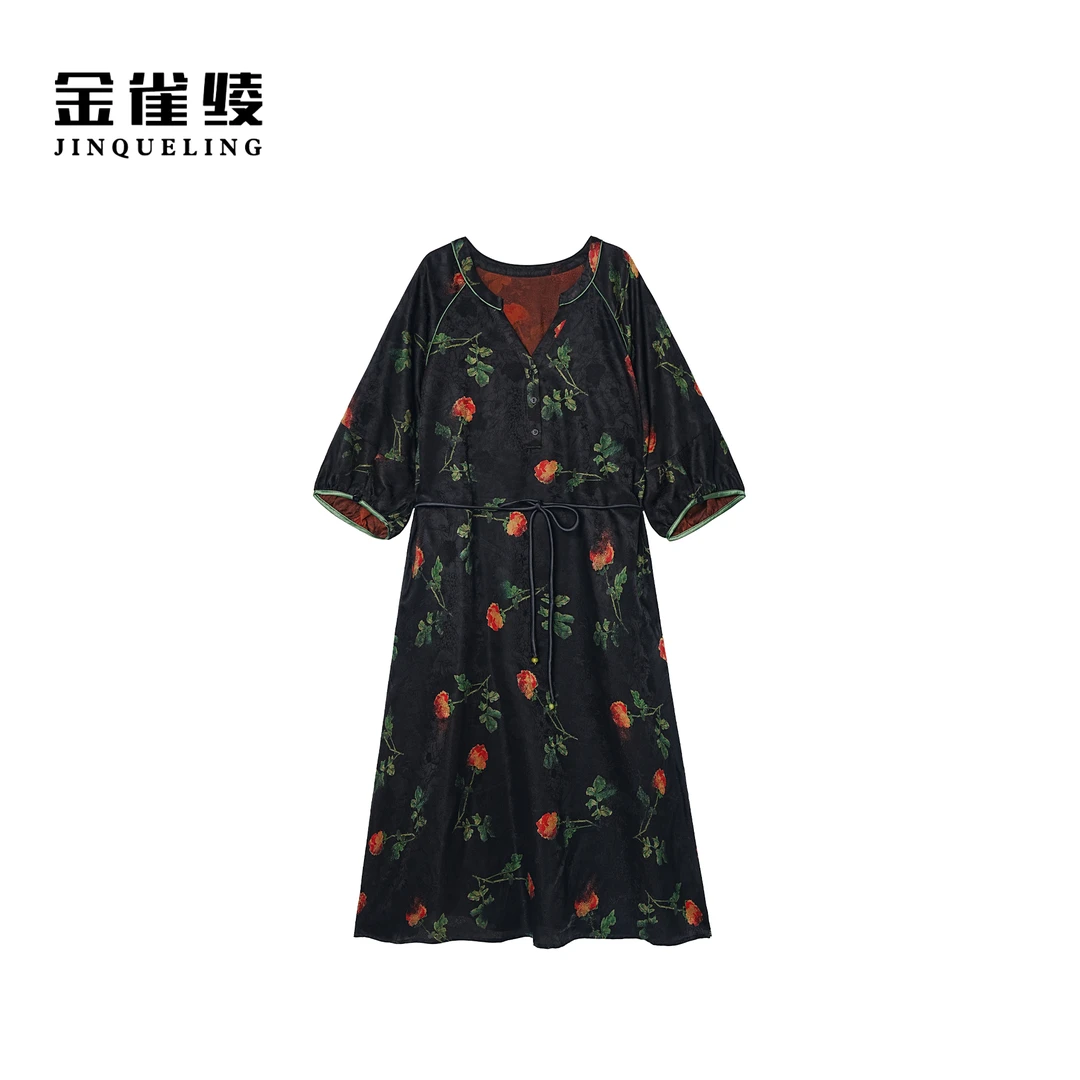 金雀绫【月影玫瑰】香云纱100桑蚕丝V领气质加宽加大连衣裙SZA1L288