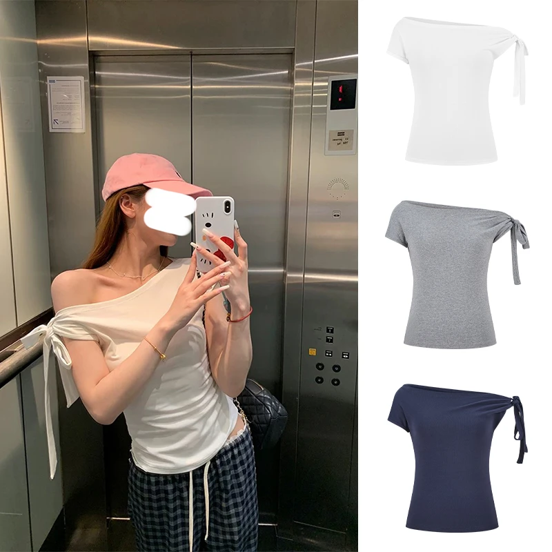 Moses Queen/魔西女王蝴蝶结单边绑带露肩短袖辣妹收腰显瘦上衣夏