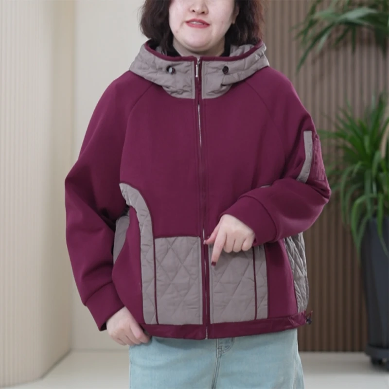 液态棉连帽短款外套拼接夹丝棉大码6180秋冬季夹克女