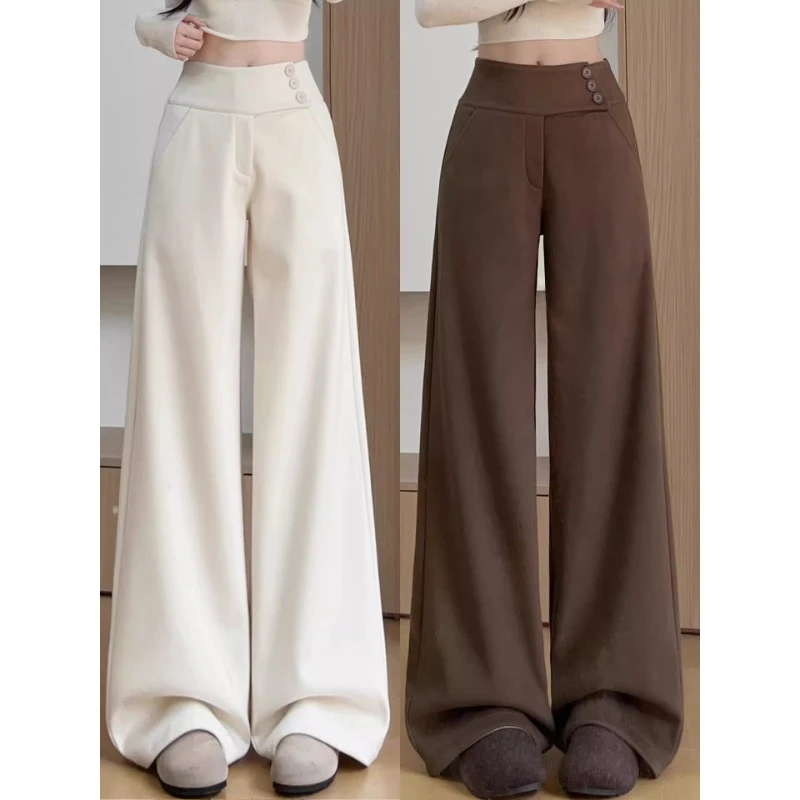 白色加绒毛呢纽扣西装阔腿裤女2025冬季新款显瘦垂坠感宽松休闲裤