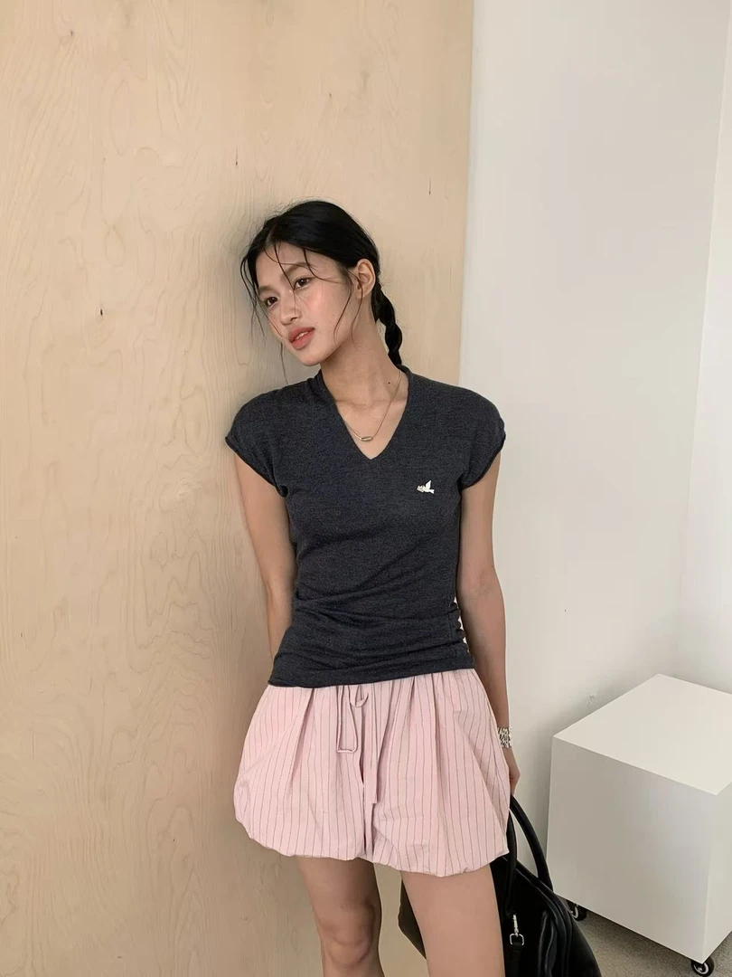 温柔瑶-DARKGREY#休闲百搭抽绳条纹短裤#034（裤长38cm）