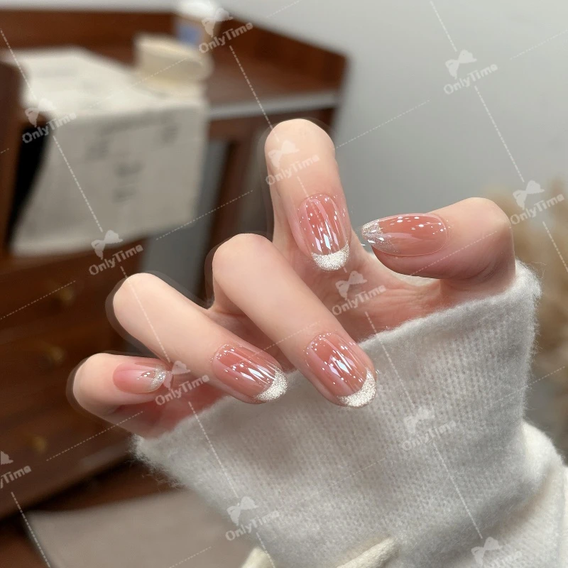 【金粉世家】晶石裸粉法式猫眼高级感穿戴甲通勤百搭气质显白美甲