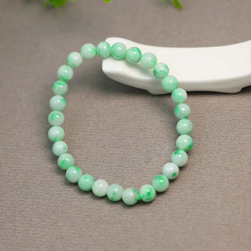 #J220白底青飘阳绿缅甸天然A货翡翠素面圆珠子手串手链