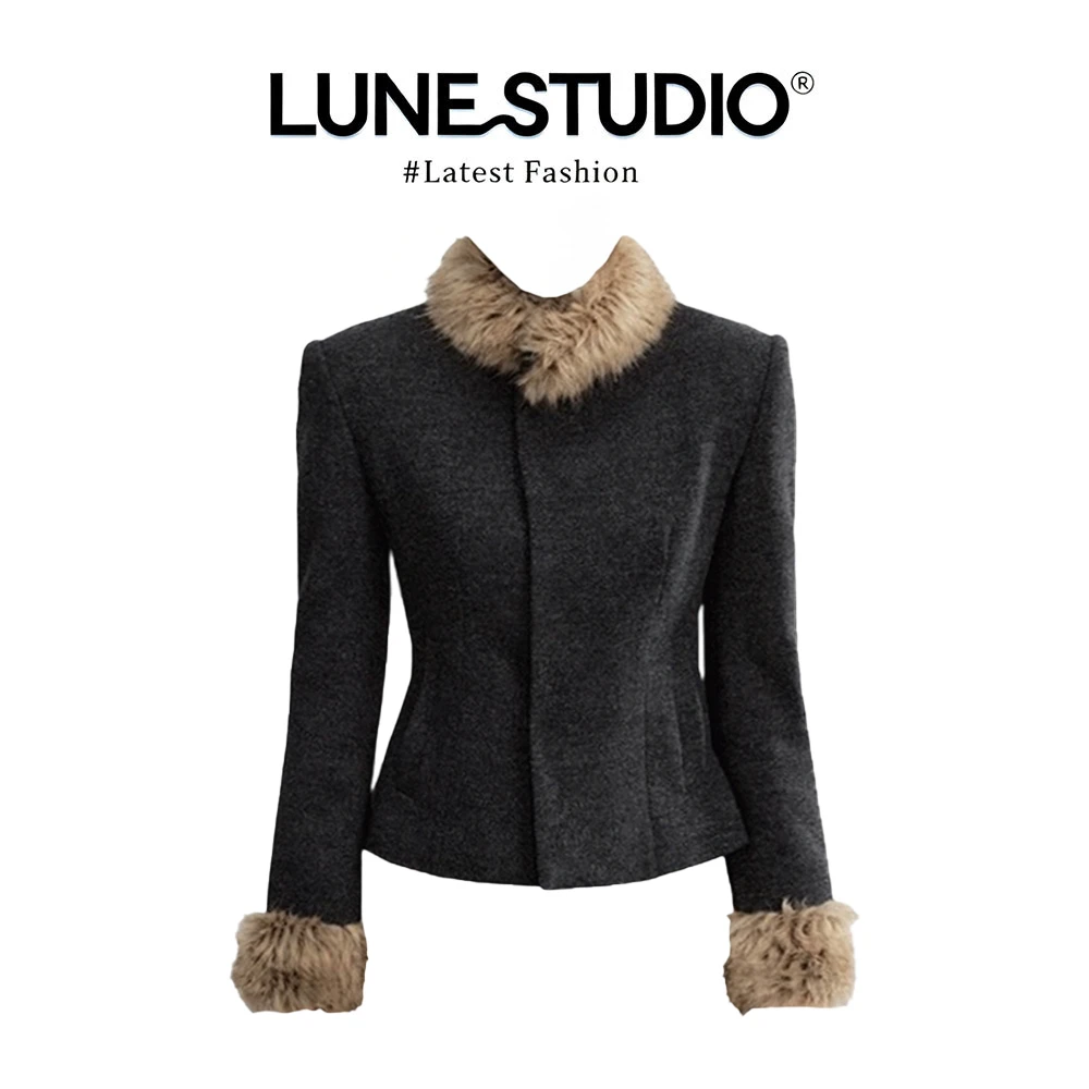 小香风可拆卸毛领毛呢外套设计感收腰显瘦短款气质上衣