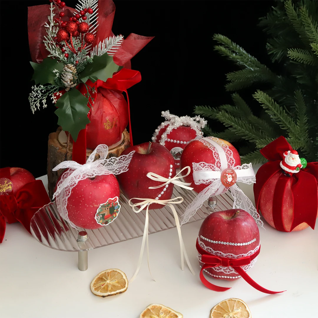 视频圣诞节新品平安夜苹果diy材料创意水果礼盒花艺丝带配饰装饰