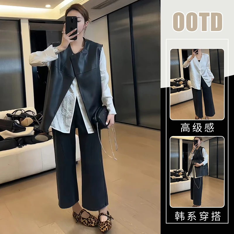 御姐轻熟风三件套装2025秋季时尚轻奢长袖衬衫黑色马甲高腰牛仔裤