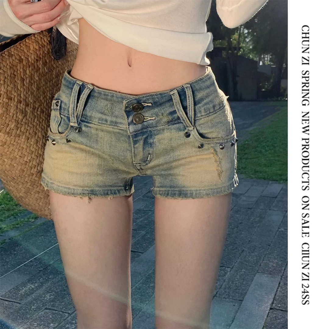 【CHUN ZI】水洗做旧口袋Y2K风超短短裤女春夏季设计感辣妹牛仔短裤