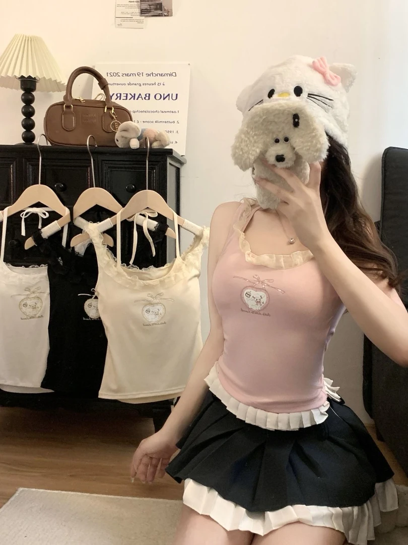 甜心小羊 少女心满满 带胸垫纯欲蕾丝花边吊带背心女打底内搭上衣