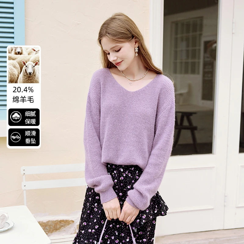 N851163毛针织衫香影欧若假日风套头毛衣25春新款落肩慵懒