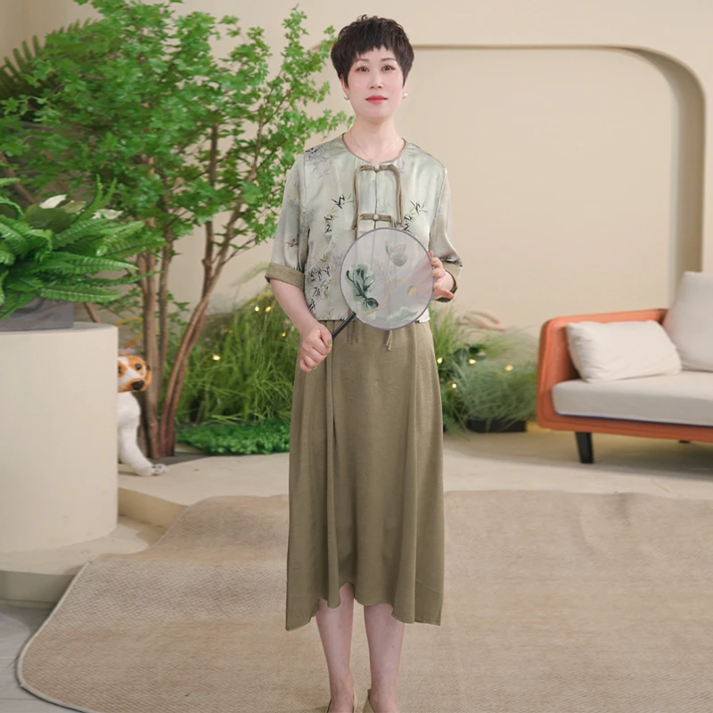 真两件套中长款国风新中式中老年女套装裙开衫BJ0324-988