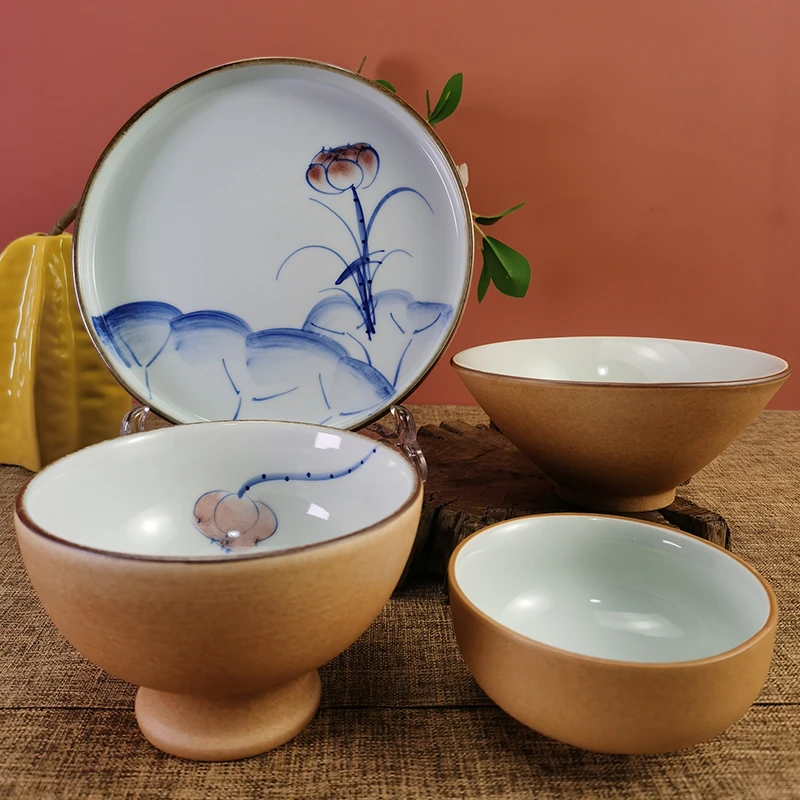 106景德镇陶瓷米饭碗菜盘子家用复古日式粗陶高温餐具/8寸直边盘