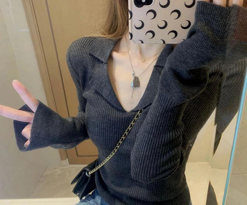 女装韩版毛衣2024秋冬新款V领长袖纯色打底衫T恤女