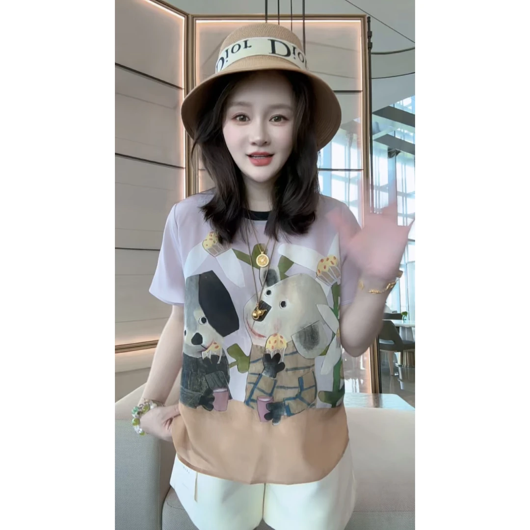 【丝芙玉禄】（F983）真丝双绉粉系小狗气质时尚显瘦桑蚕丝t恤上衣