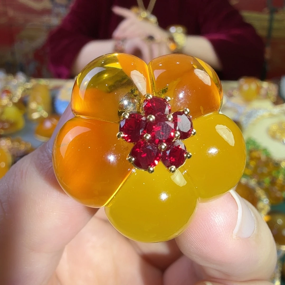 蜜蜡银S925镀金镶嵌戒指