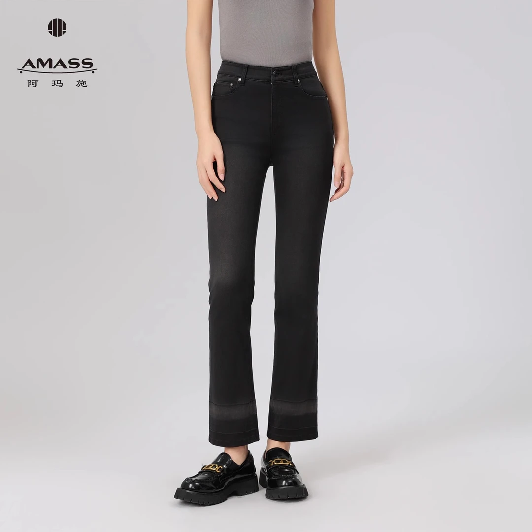 AMASS/阿玛施新款高腰修身直筒时尚百搭微喇黑色牛仔裤女5100471