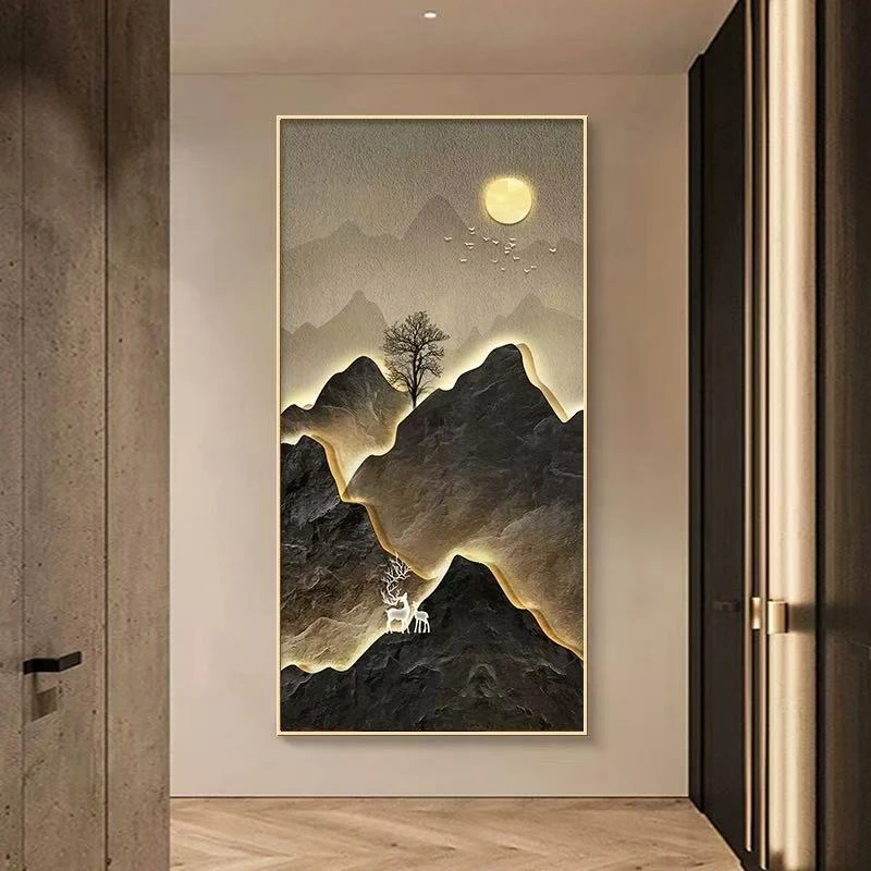 升级版-玄关画-【高山圆月】晶瓷画晶瓷镶钻画玄关画过道画装饰画