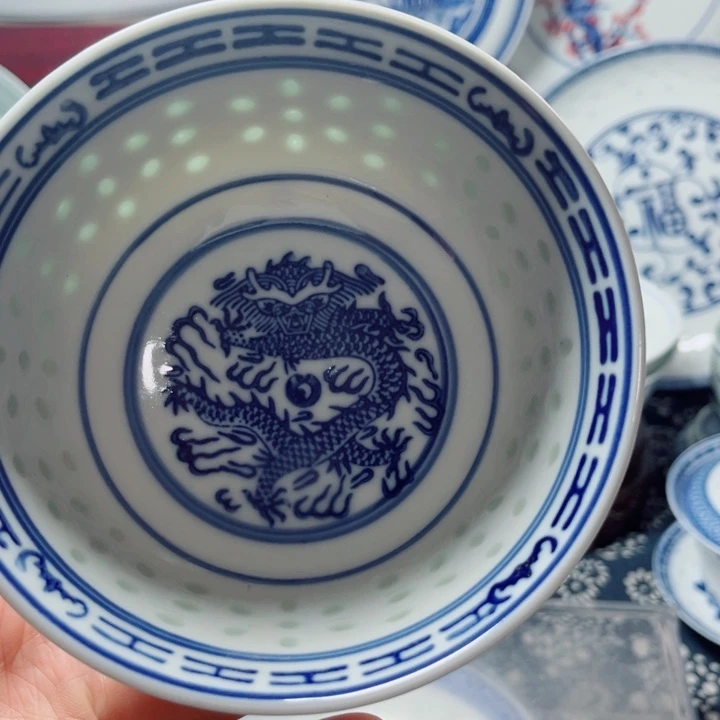 青花玲珑5寸饭碗龙纹