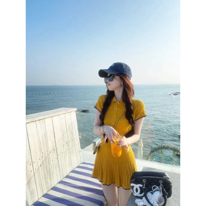 韩系减龄Polo领针织短袖T恤百褶半身短裙两件套女夏季小个子套装