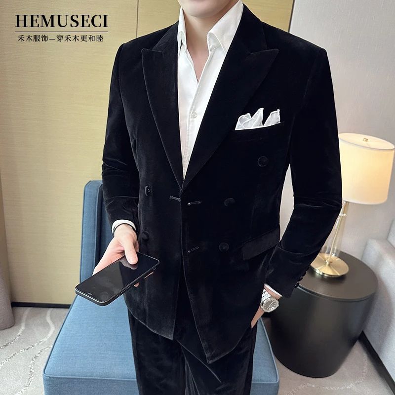 高端礼服潮流男士正装商务西服套装四季通用青年丝绒休闲结婚婚礼