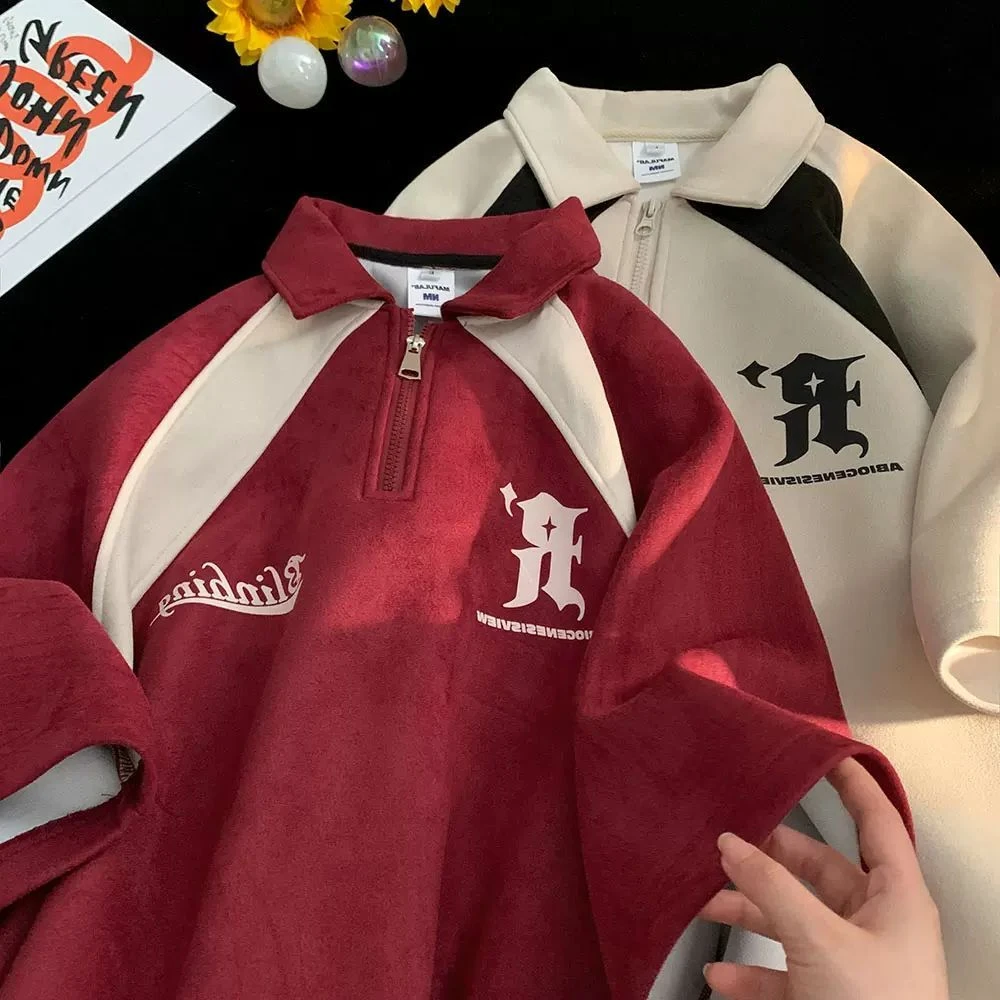 特大码300斤Polo领短袖男女复古麂皮绒情侣款上衣设计感宽松T恤