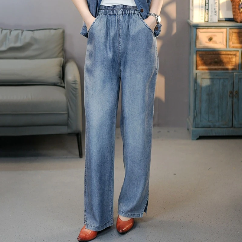 6848蓝色2025夏季新款莱赛尔牛仔直筒裤女宽松大码松紧时尚休闲