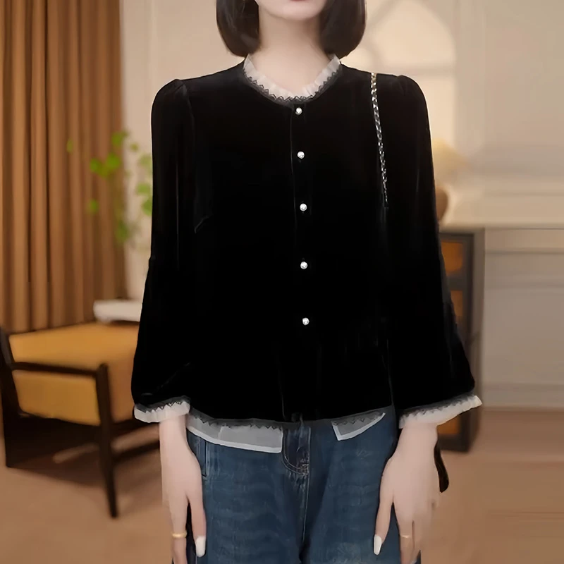 法式假两件衬衫女士2026秋季新款气质休闲显瘦黑色丝绒打底衫上衣