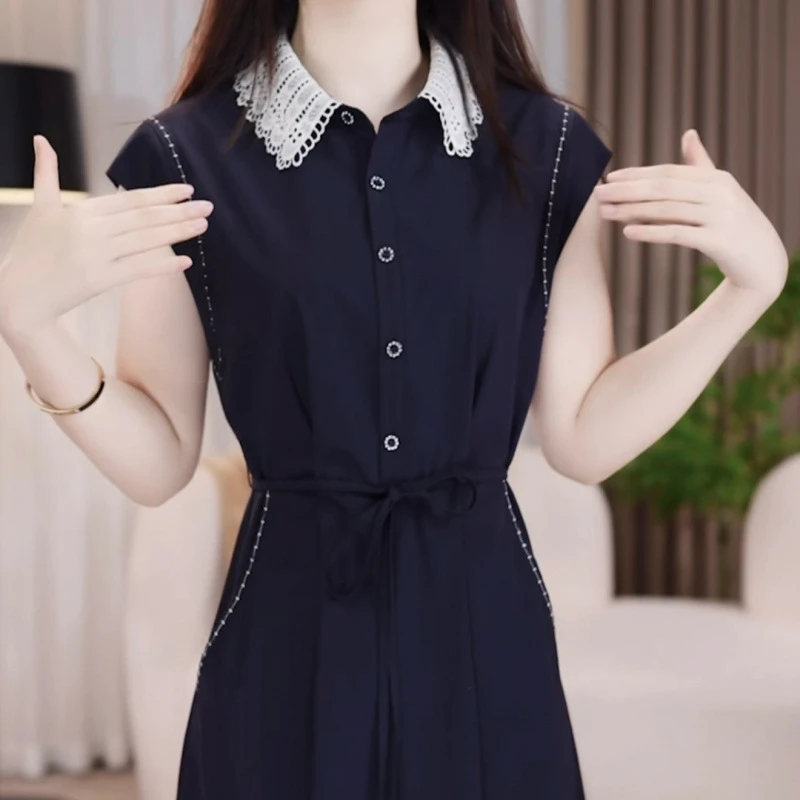 高级冰丝四面弹时尚洋气纯色礼服裙2025夏季新款系带收腰连衣裙女