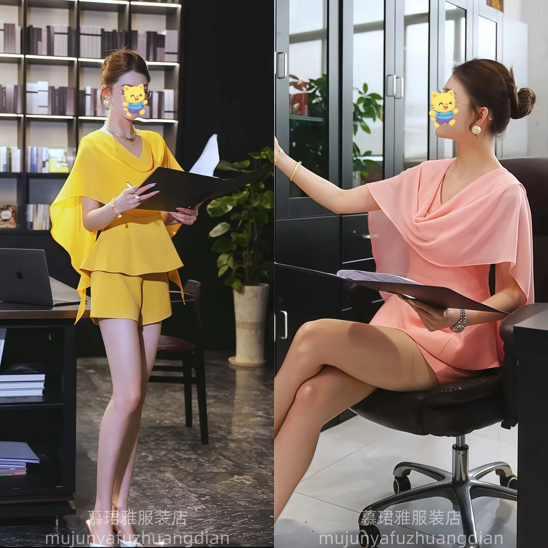 2025夏季网红新款时尚套装女气质设计感荡领披肩假两件短袖+短裤