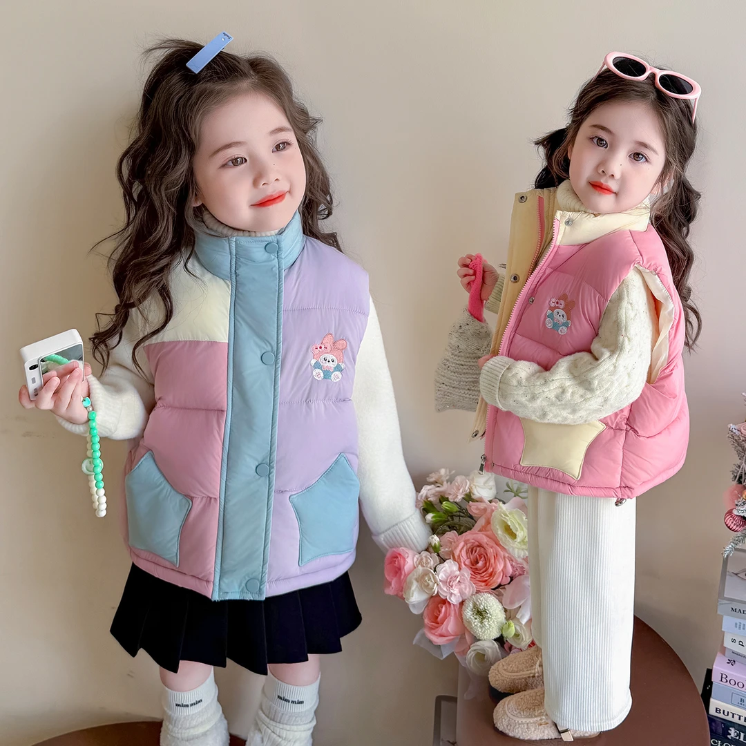 女童加厚马甲外穿洋气拼色儿童夹棉坎肩背心小女孩宝宝秋冬装新款