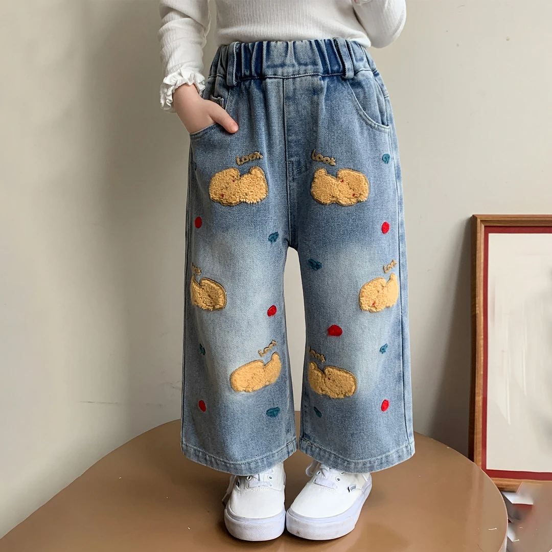 女童绣花阔腿牛仔裤洋气儿童春秋季新款女宝宝宽松休闲裤子小女孩