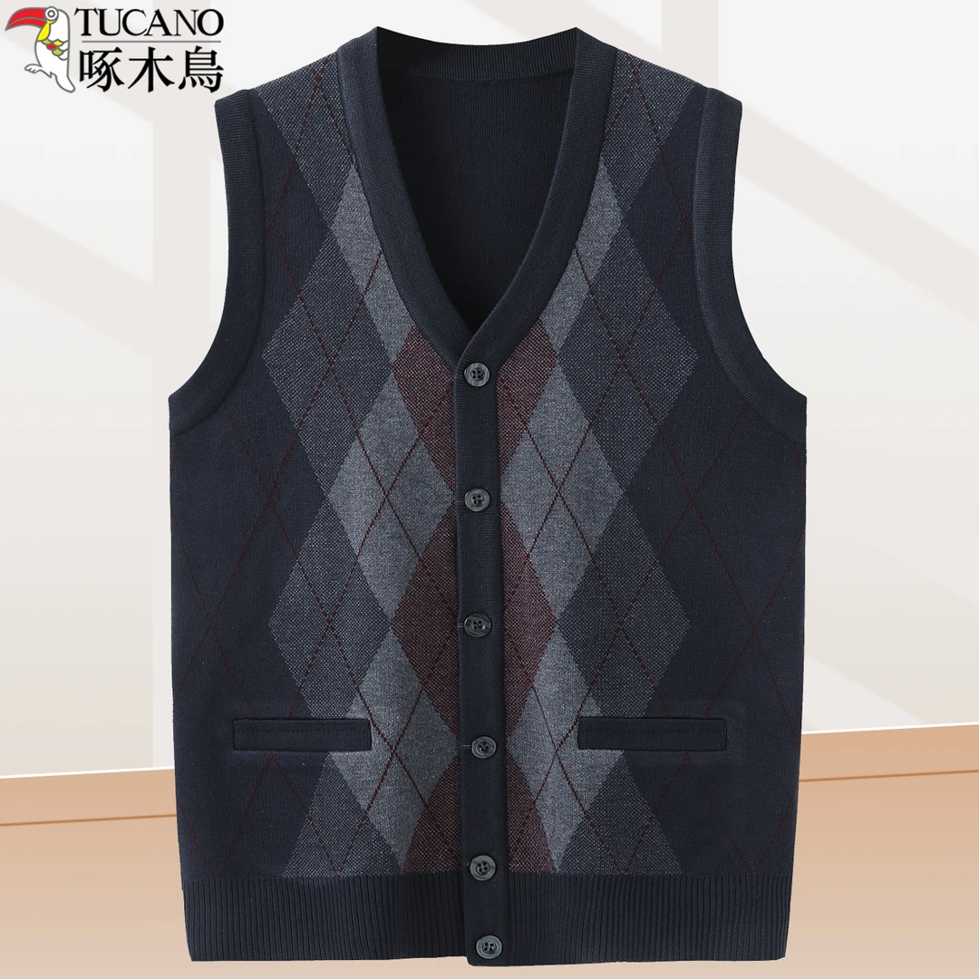 啄木鸟秋冬季针织背心男老人开衫爸爸装马甲中老年坎肩爷爷装毛衣