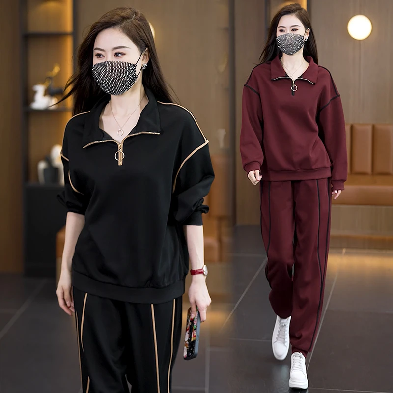 大码休闲运动套装秋季新款时尚洋气遮肚显瘦时尚卫衣两件BG#9282