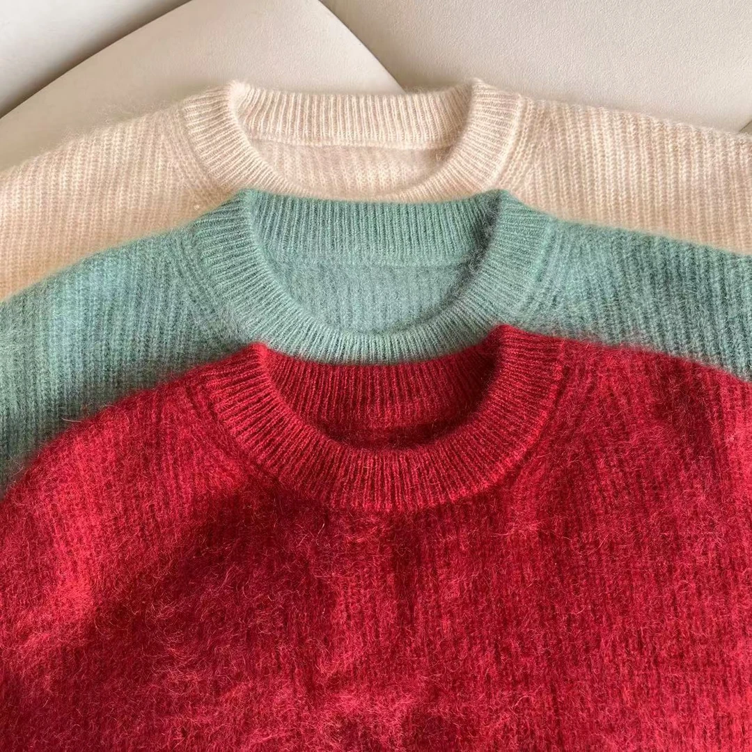 【新春喝彩】249101拉绒款简约纯色竖坑条时尚套头纯羊绒衫