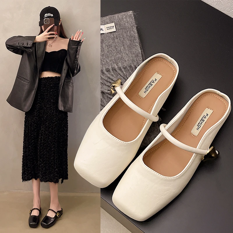 复古包头半拖女外穿2025春季新款韩版百搭懒人平底软底舒适拖鞋女