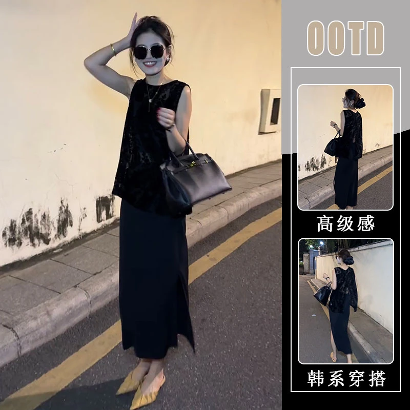 时尚气质名媛两件套设计感后开叉无袖上衣高腰开叉半身裙夏季套装