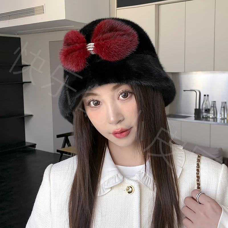【新款红蝴蝶】帽子卷边盆帽日系渔夫帽秋冬千金风冬季女毛水貂毛