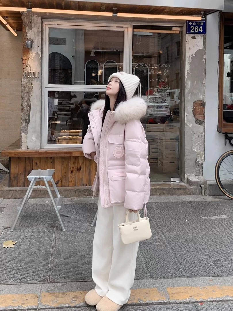 樱花粉色新款连帽工装真毛领貉子毛派克服保暖