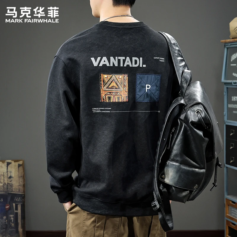 马克华菲美式复古做旧印花休闲卫衣男秋冬新款宽松内搭打底衫上衣