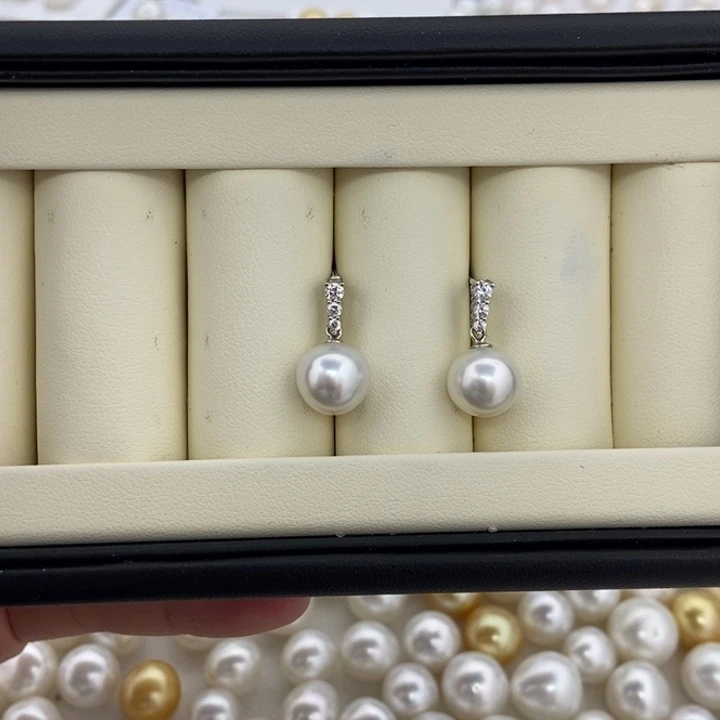 银S925镶嵌海水珍珠耳饰澳白近正圆10.2mm无暇