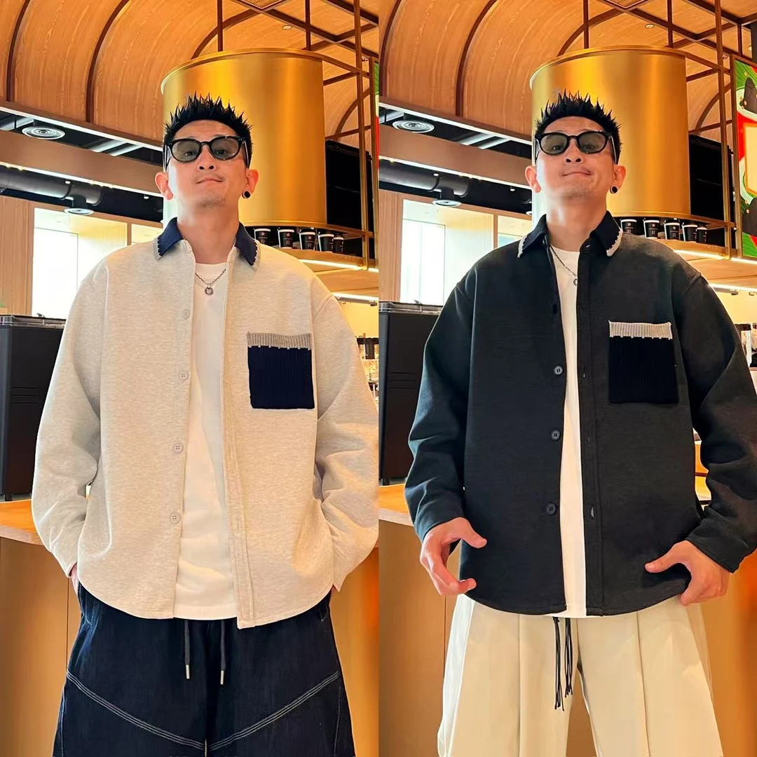 老钱风撞色拼接小众设计感潮流时尚百搭秋季男士翻领长袖夹克外套