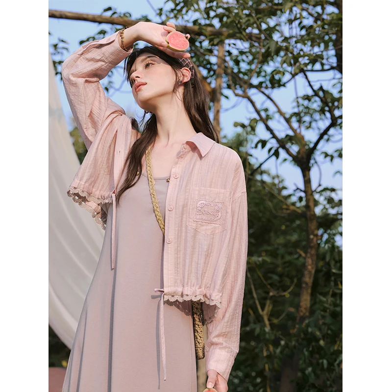 【年末大促】谜秀【衬衫】灰粉天丝棉拼接梭织显瘦收腰度假风夏款气质