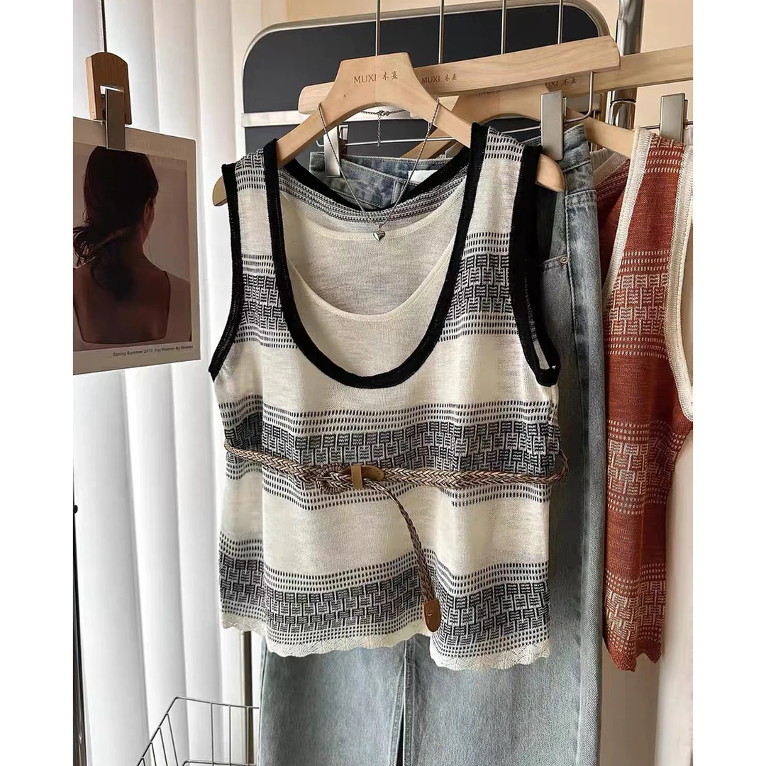 2025夏季新款韩版假俩件拼接撞色条纹针织显瘦背心女