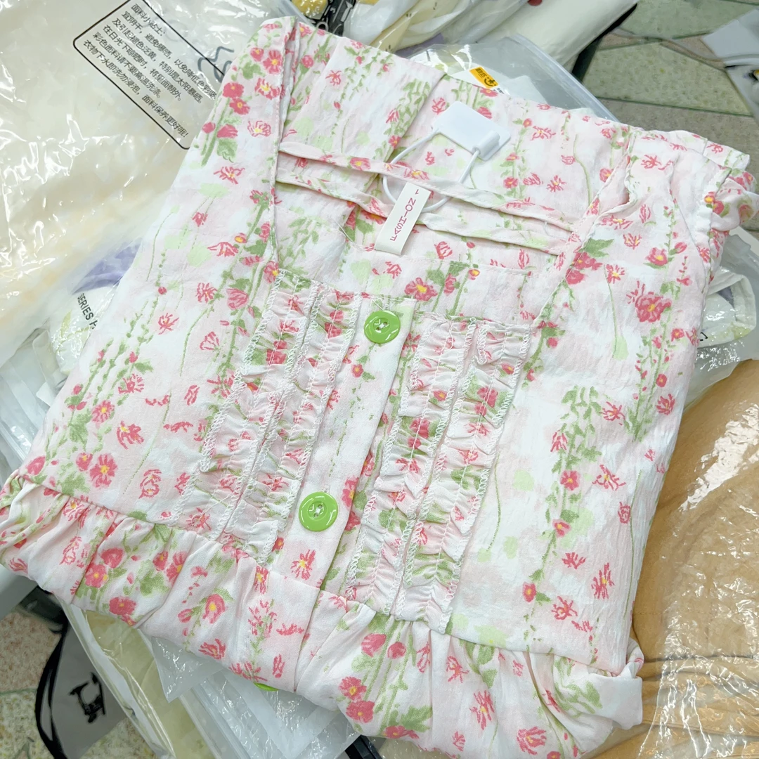 【R785】夏款莫奈花园小飞袖短袖短裤+长裤三件套+胸垫【开衫款】