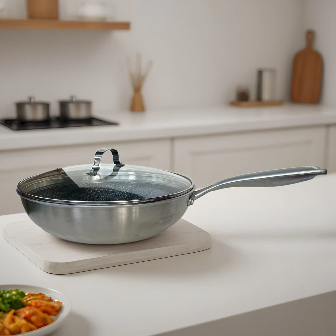 【小雨】德国·三层钢炒锅蜂窝家用不粘锅不锈钢30CM炒锅