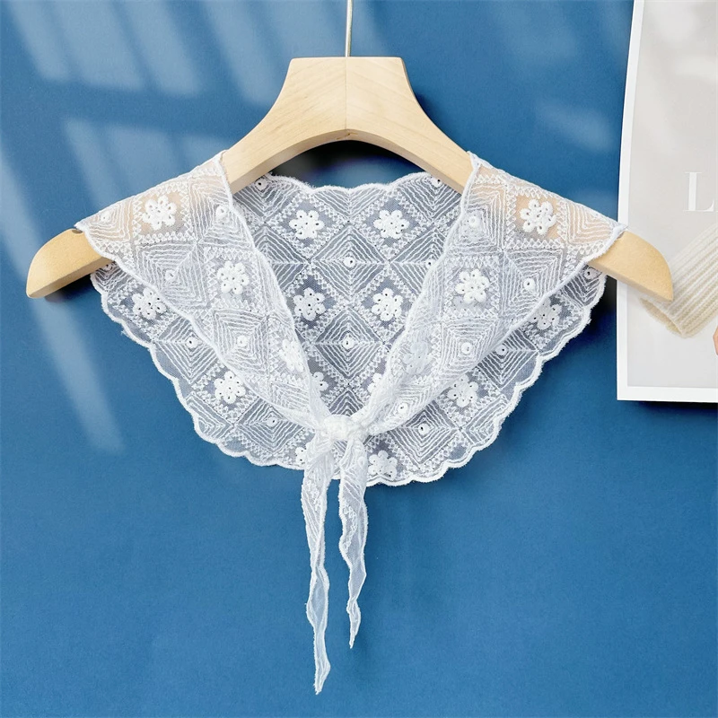 夏季薄款韩版丝巾装饰百搭蕾丝勾花三角外搭围脖小领巾围巾小披肩
