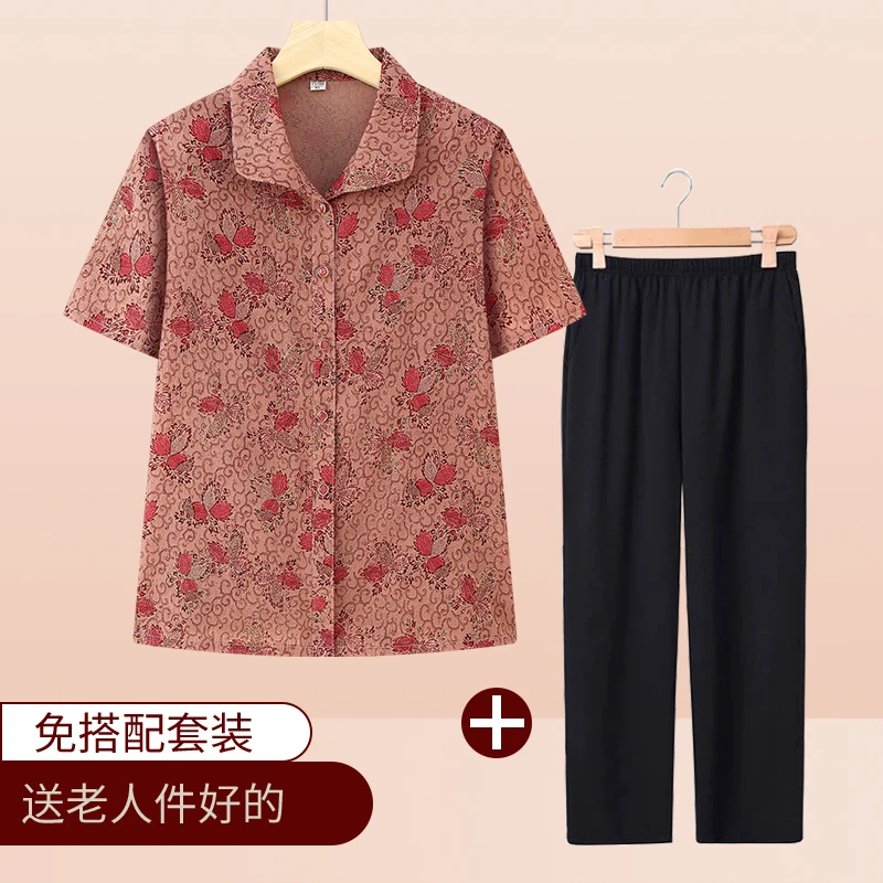 新品夏装奶奶上衣短袖衬衫两件套中老年女装妈妈装老人开衫套装