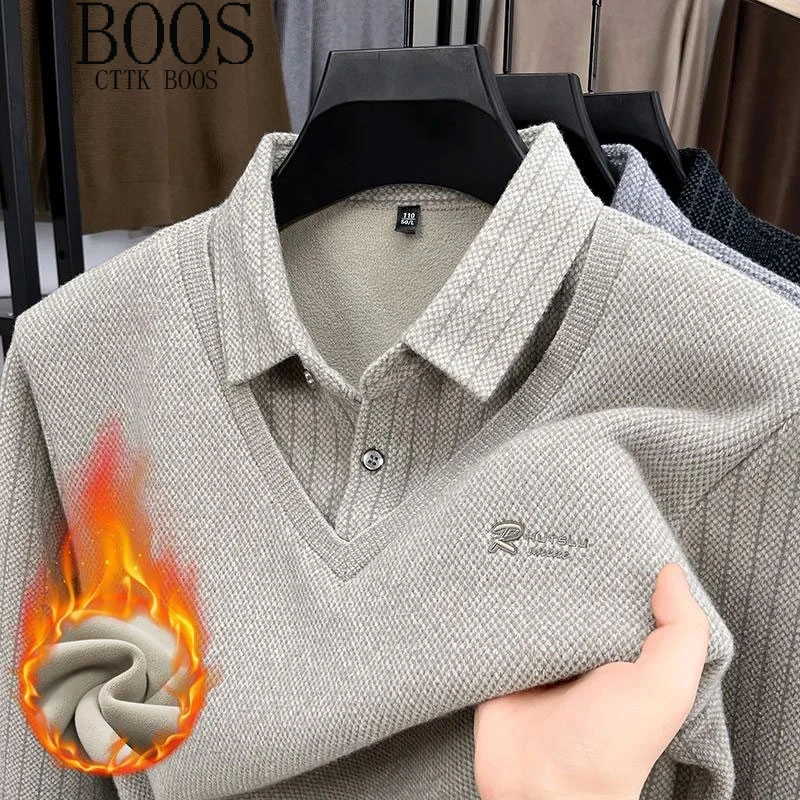 【BOOS】2025冬季新款假两件针织衫加绒加厚男士上衣商务休闲毛衣男