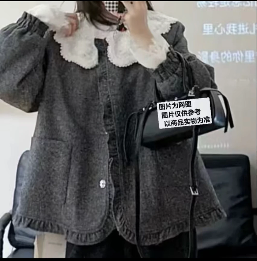 胖mm韩版甜美风娃娃领毛呢外套+阔腿裤两件套