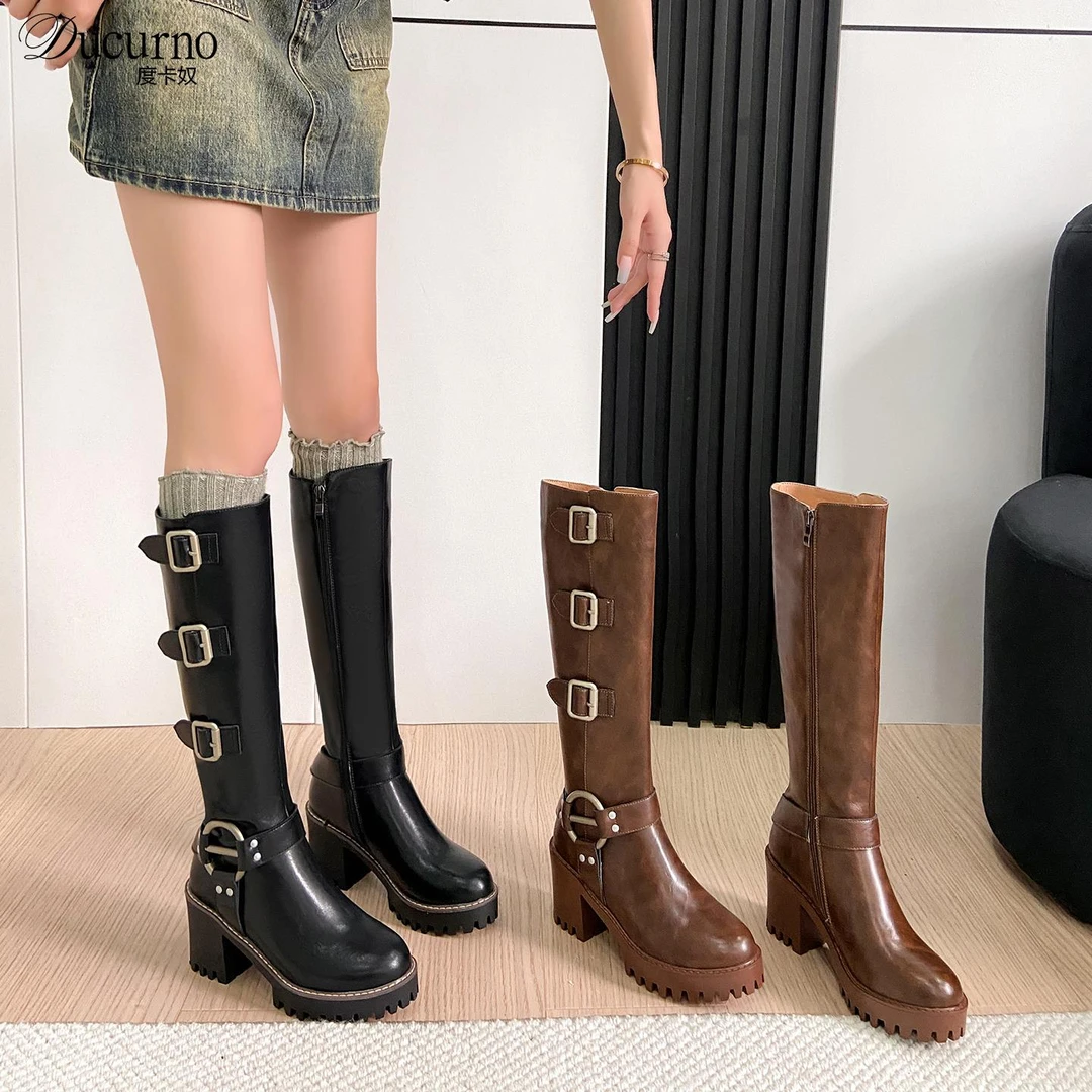 DUCURNO真皮厚底高跟西部牛仔靴女圆头皮带扣骑行靴显瘦高筒长靴