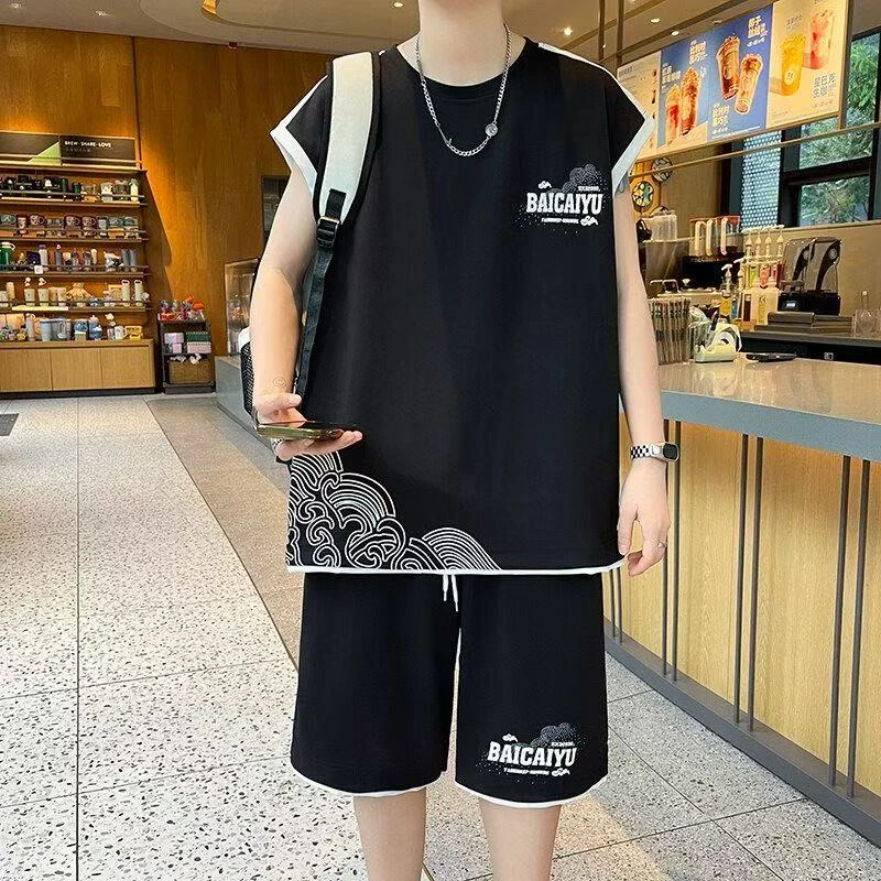 夏季青少年无袖背心T恤套装男士休闲运动宽松薄款篮球服两件套潮